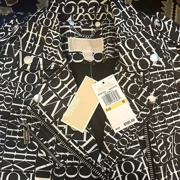 Michael Kors newsprint logo leather Moto jacket